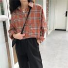 Check Long-sleeve Loose-fit Shirt Orange Red - One Size