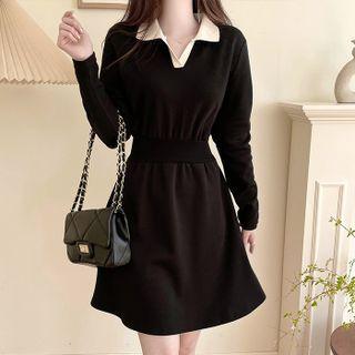 Contrast-collar Band-waist Dress Black - One Size