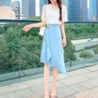 Set: Short-sleeve Plain Blouse + Midi Skirt