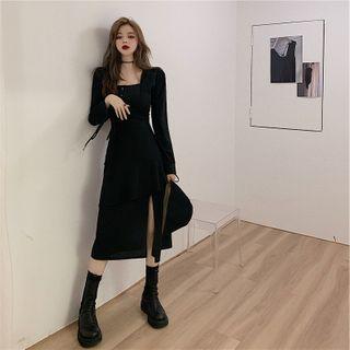 Puff-sleeve Plain Split Midi Dress