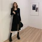 Puff-sleeve Plain Split Midi Dress