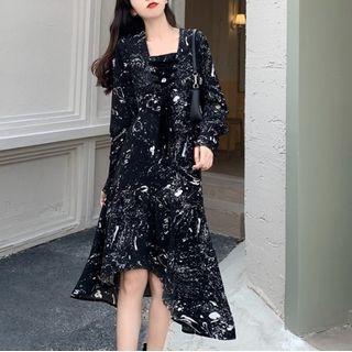 Square Neck Paint Splatter Asymmetrical Chiffon Dress