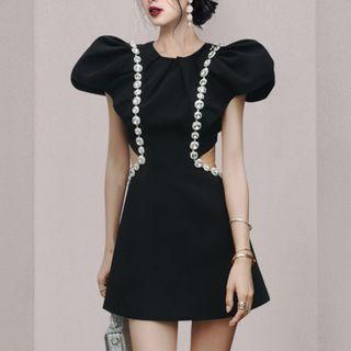 Puff-sleeve Rhinestone Cut-out Mini A-line Dress