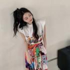 Cap-sleeve Print T-shirt / Wide-leg Pants