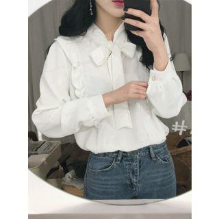 Tie-neck Lace Frill-trim Top