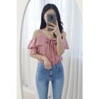 Petite Size Beribboned Cold-shoulder Ruffled Dotted Top
