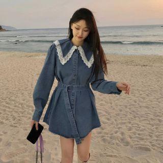 Long-sleeve Lace Trim Mini Denim Shirtdress Blue - One Size