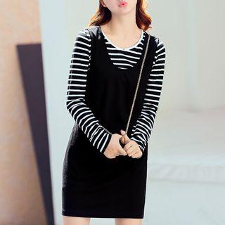 Set: Striped Long Sleeve T-shirt + Plain Pinafore Dress