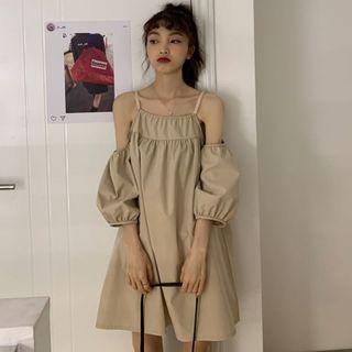 Off-shoulder Puff-sleeve Dress Camel - One Size