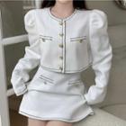Contrast Trim Button-up Jacket / A-line Skirt