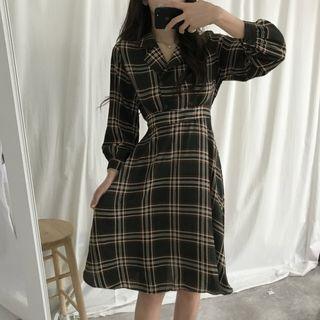 Plaid Long-sleeve A-line Dress Sapphire Blue - One Size