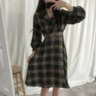 Plaid Long-sleeve A-line Dress Sapphire Blue - One Size