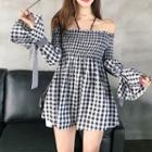 Gingham Off-shoulder Bell-sleeve Mini A-line Dres