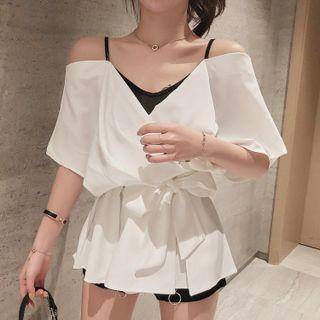 Mock Two-piece Off-shoulder Lace-up Blouse