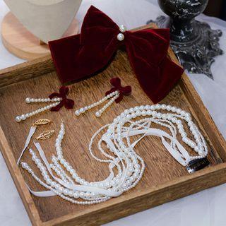 Set: Bow Hair Clip + Drop Earring + Faux Pearl Headpiece 4pcs - 1 Hair Clip & 1 Headpiece & 1 Pair Earring - Wine Red - One Size