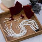 Set: Bow Hair Clip + Drop Earring + Faux Pearl Headpiece 4pcs - 1 Hair Clip & 1 Headpiece & 1 Pair Earring - Wine Red - One Size