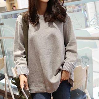 Mock-two-piece Round Neck Plain Panel Stripe Back Slit Loose Fit T-shirt