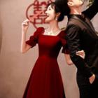 Puff-sleeve Square-neck A-line Evening Dress