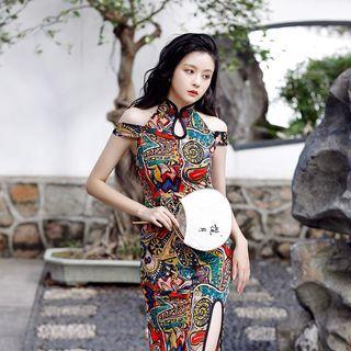 Short-sleeve Cold-shoulder Print Midi Qipao