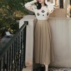Set: Flower Embroidered Sweater + Pleated Mini Skirt