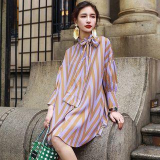 Tie-neck Striped Mini A-line Shirtdress