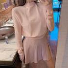 Long-sleeve Ribbon-accent Knit Top / Mini A-line Pleated Skirt
