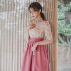 Elbow-sleeve Midi Skirt Hanbok Set (floral / Purple)