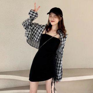 Plaid Long-sleeve Cropped Shirt / Plain Drawstring Suspender Skirt