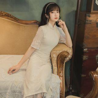 Mandarin Collar Short-sleeve Midi A-line Dress