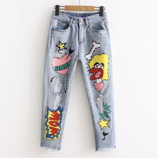 Print Ripped Washed Jeans