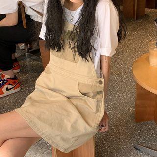 Embroidered Contrast Pocket Denim Mini Pinafore Dress
