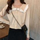 Color-block Collared Long-sleeve Crop Knitted Top