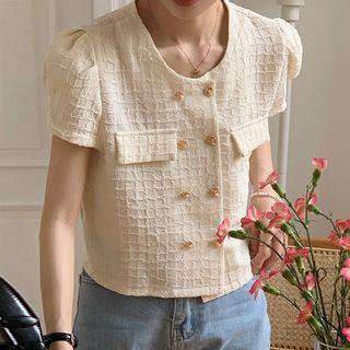Short-sleeve Textured Button Blouse