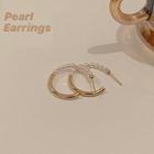Faux Pearl Alloy Open Hoop Earring 1 Pair - Ndyz279 - White & Gold - One Size