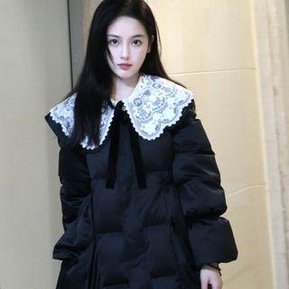 Peter Pan Collar Checkered Medium Long Down Coat