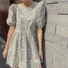 Short-sleeve Leopard Print A-line Dress White - One Size