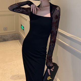 Mesh Panel Long-sleeve Midi Bodycon Dress