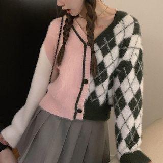 Plaid Panel Cardigan 6888 - Black And White Plaid & Pink - One Size