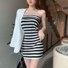 Strapless Striped Mini Sheath Dress Black & White - One Size
