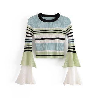 Bell-sleeve Striped Cropped Knit Top