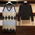 Set: Diamond Pattern Long Knit Vest + Long-sleeve Knit Top