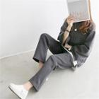 Set: Letter-embossed Sweatshirt + Sweatpants Charcoal Gray - One Size