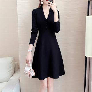 V-neck Knit Mini A-line Dress