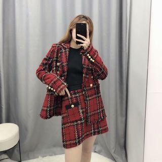 Double-breasted Plaid Blazer / Mini A-line Skirt