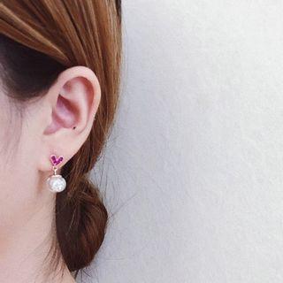 Rhinestone Heart Glass Ball Dangle Earring 1 Pair - Silver Steel - Red Heart - Silver - One Size