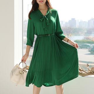 Tie-front Pleated-hem Dress With Belt