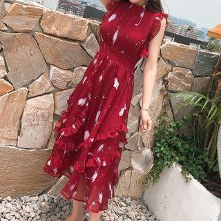 Sleeveless Print Frill Trim Midi A-line Chiffon Dress