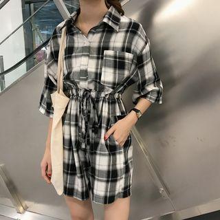 Plaid Elbow Sleeve Collared Playsuit