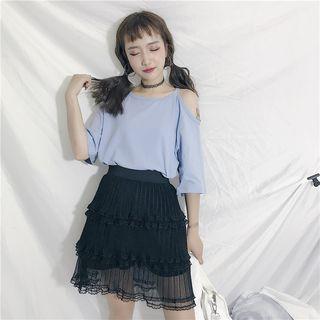 Cold Shoulder Short-sleeve T-shirt / Layered A-line Mini Skirt