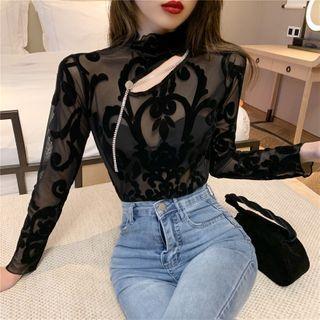 Cut-out Long-sleeve Mesh Top Black - One Size